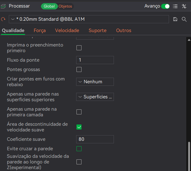 Painel Processar, aba Qualidade com Avanço ativado no Bambu Studio, mostrando a opção Evite cruzar a parede desmarcada perto do final da lista de configurações