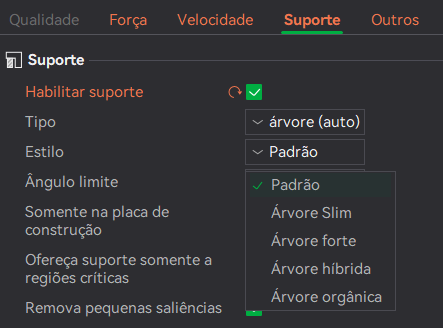 Painel Processar, aba Suporte, no Bambu Studio, com o menu Estilo aberto mostrando as opções Padrão, Árvore Slim, Árvore forte, Árvore híbrida e Árvore orgânica