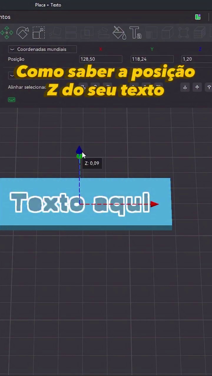 Painel do Bambu Studio mostrando o campo de Posição Z de um objeto de texto sobre uma placa azul, com o título Como saber a posição Z do seu texto