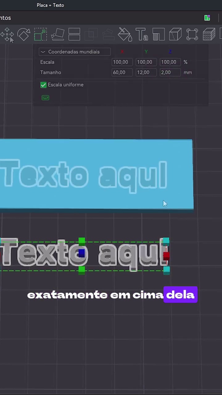 Painel de Escala do Bambu Studio mostrando o Tamanho de um texto 3D com 60,00 x 12,00 x 2,00 mm, posicionado exatamente em cima da placa